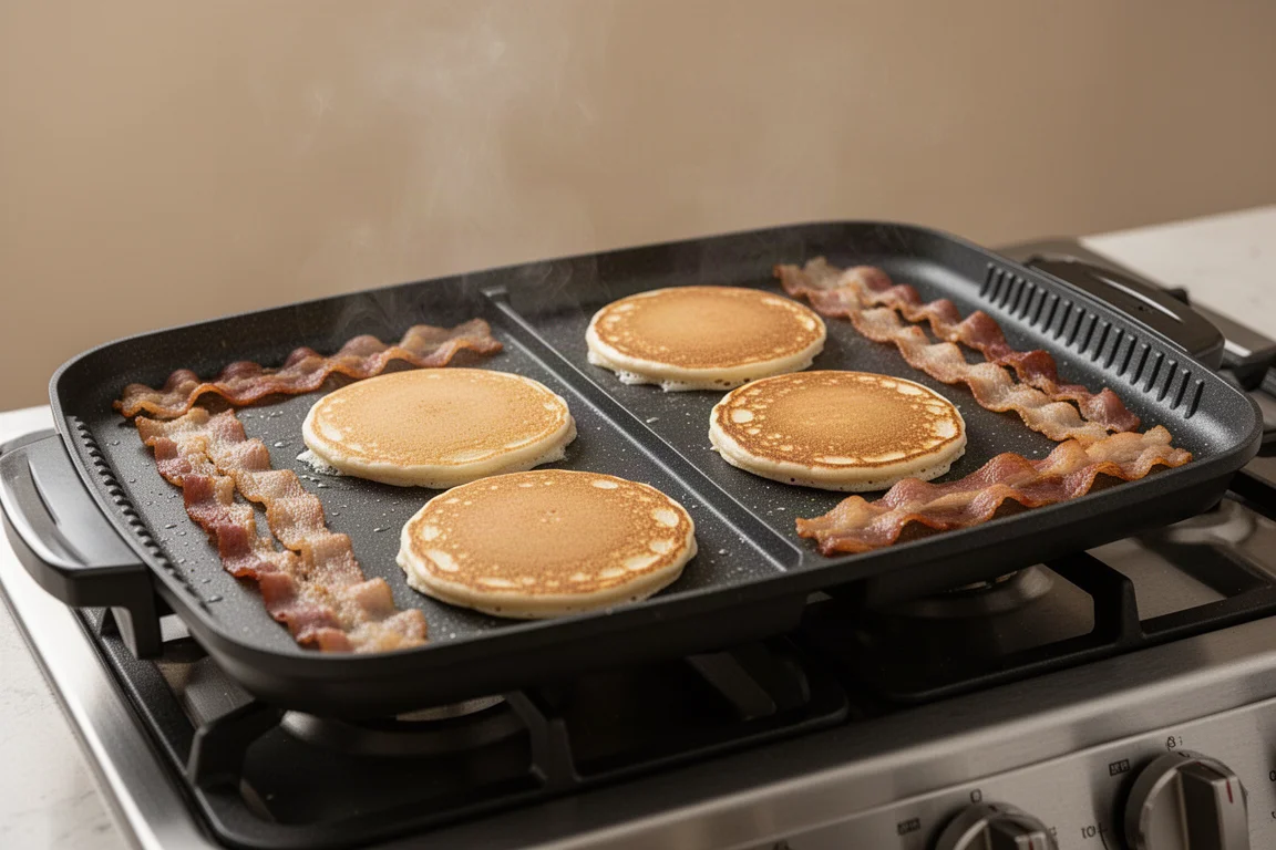 Pannkakor och bacon som steks på en stor dubbelbrännarplåtband