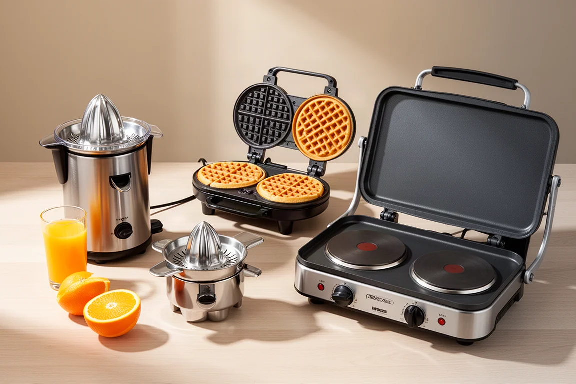 Four breakfast kitchen tools arranged on a light wood table with orange juice