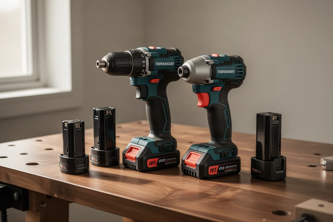 Kit combo con trapano a batteria e avvitatore a impulsi disposto su un banco da lavoro