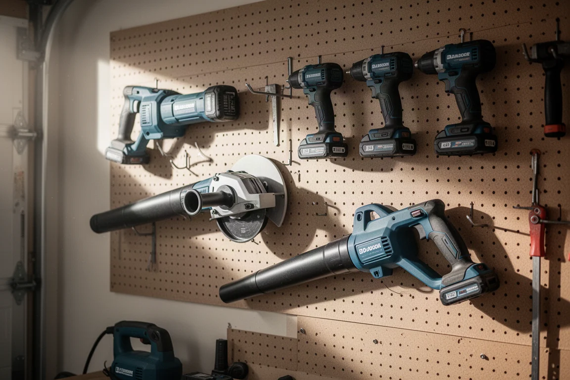 Assortimento di utensili a batteria disposti su una parete attrezzata in un garage-laboratorio