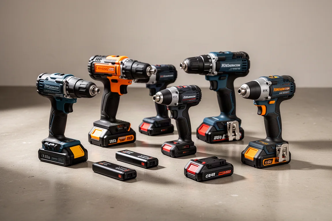 Assortment of cordless power tools and batteries on a concrete workshop floor