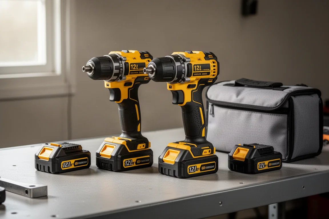 Gele DeWalt 12 volt boormachine en klopboor-schroefmachineset op een garage-werkbank