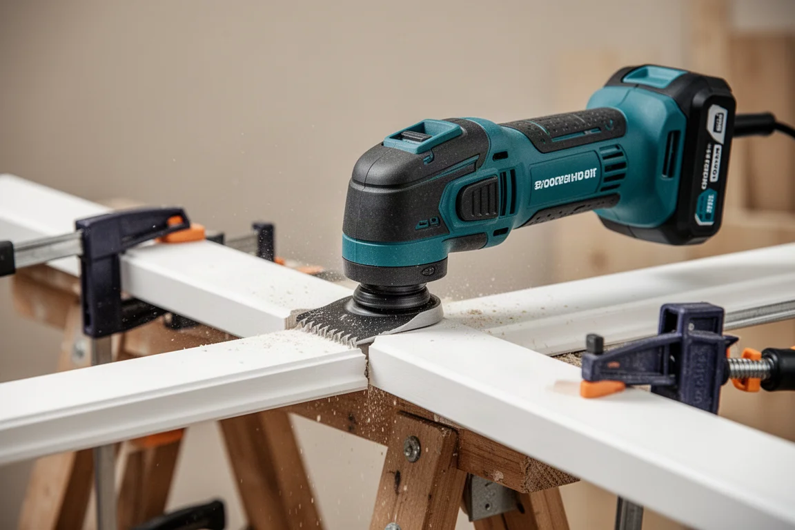 Compacte draadloze multitool zaagt een plank af in een werkplaats