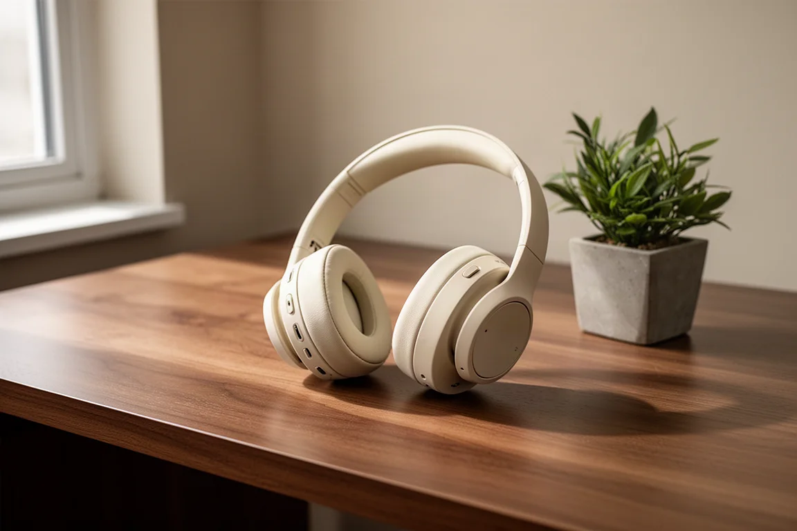 Over-ear koptelefoon ligt op een bureau in zacht daglicht