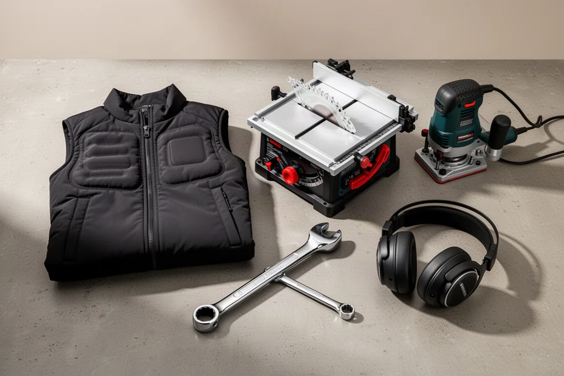 Holiday deals flat lay with heated vest, table saw, wrench, headphones, and palm router