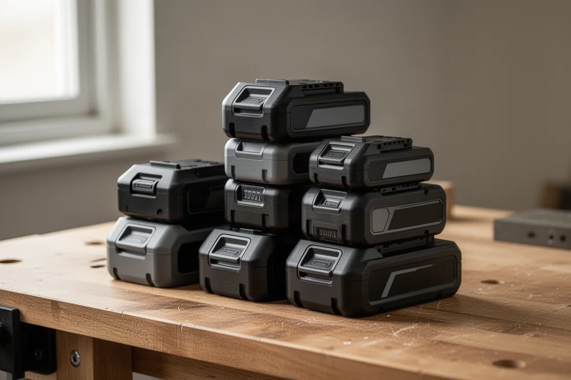 Pile de batteries d'outils électriques sans fil de différentes tailles sur un établi
