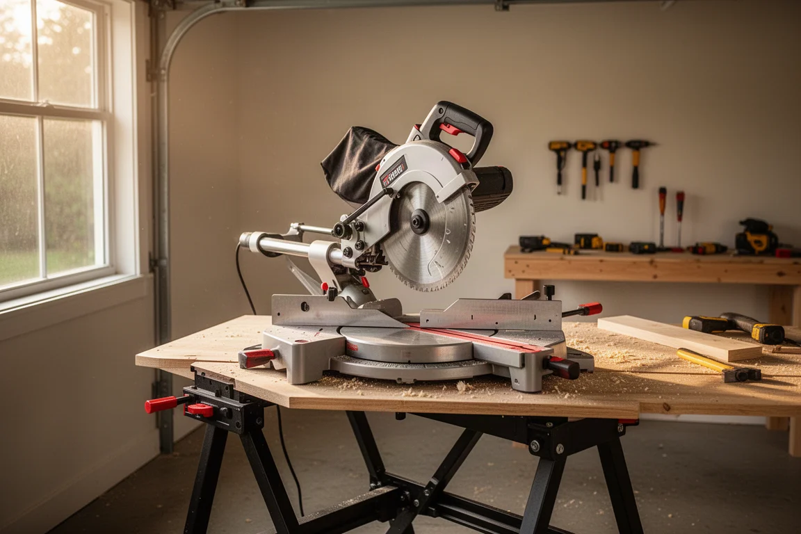 Scie à onglets coulissante compacte installée sur un support dans un garage-atelier