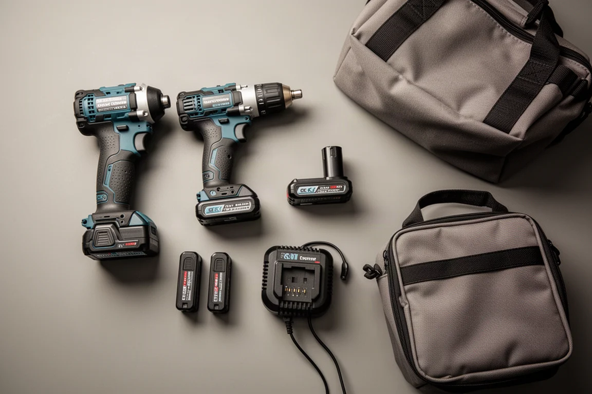 Kit de perceuse sans fil et visseuse à choc posé avec batteries et chargeur