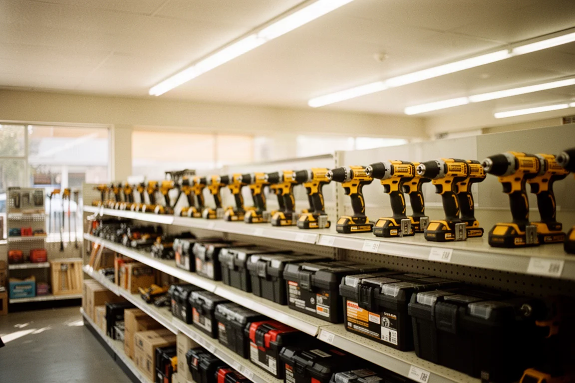 Rayon de magasin de bricolage avec des outils électriques exposés sur les présentoirs