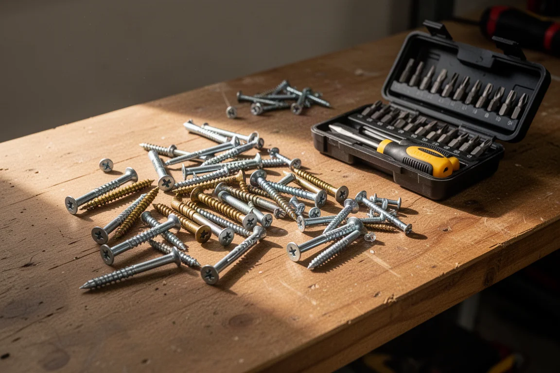 Fixations d'assemblage et vis disposées sur un établi de garage