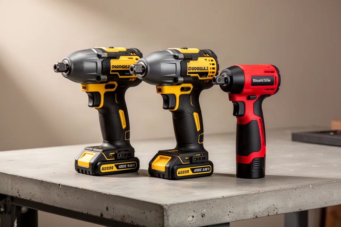 Three compact cordless impact drivers lined up on a concrete workbench