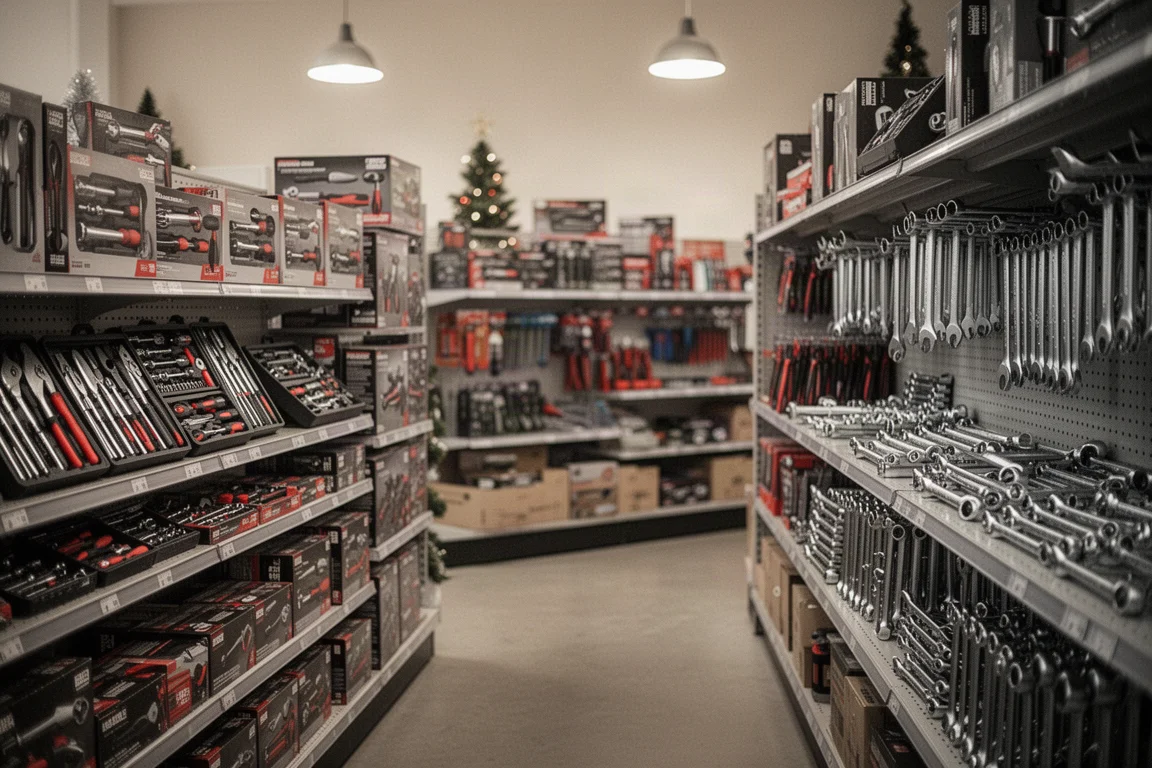 假日工具走道,店灯下堆叠着成套手动工具