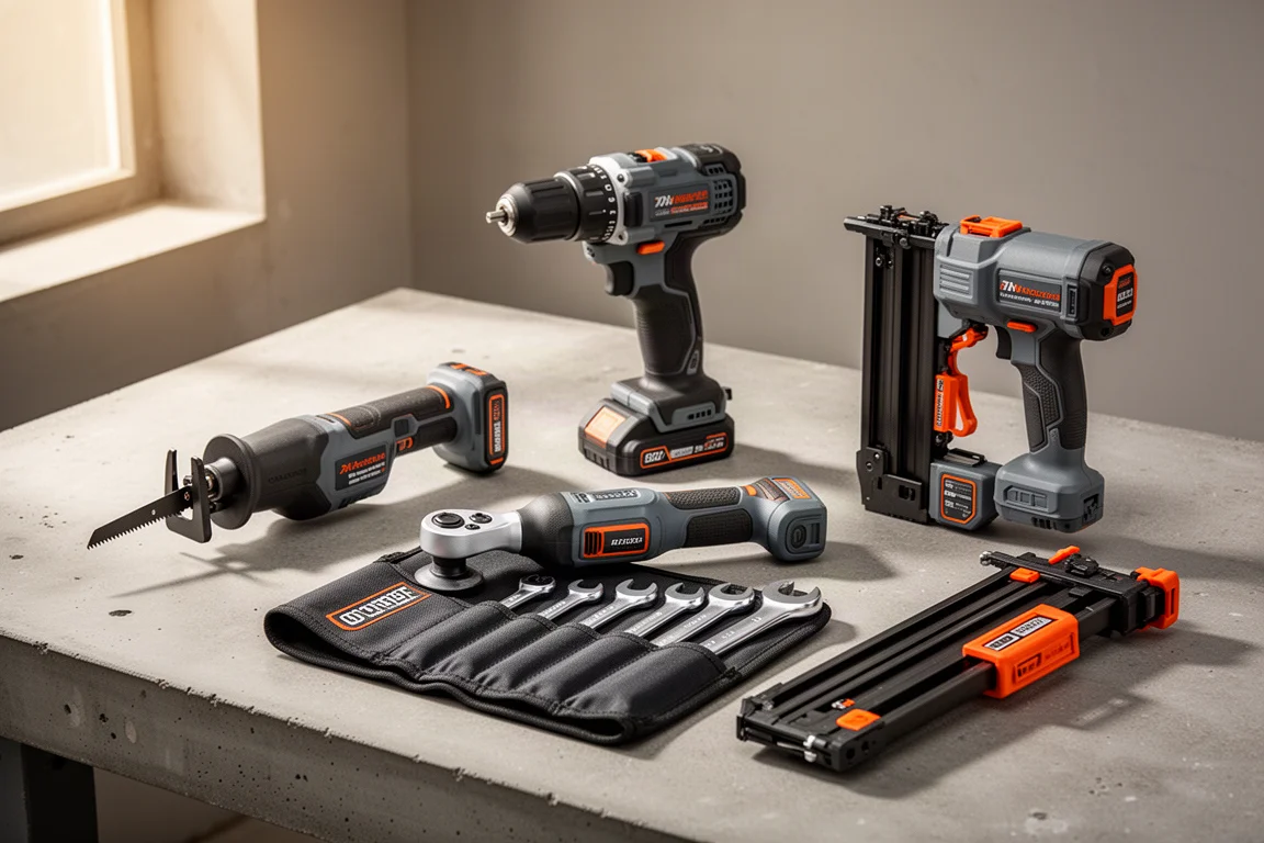 Cordless power tools arranged on a matte concrete workshop surface