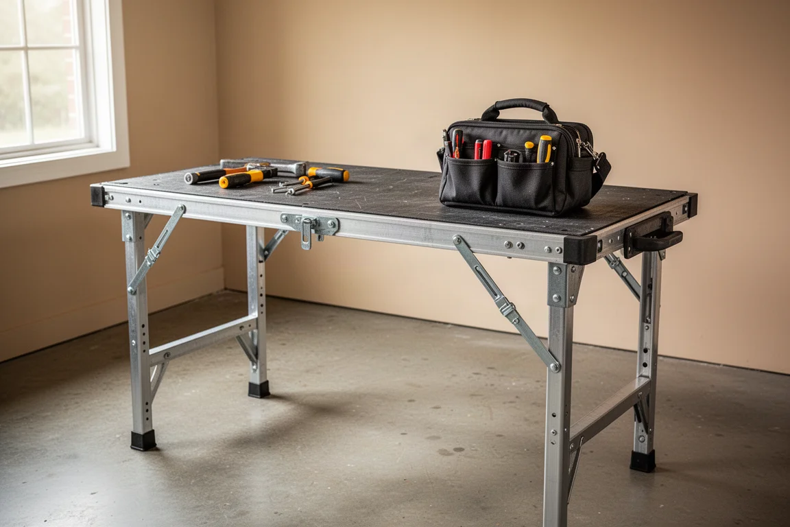 Tavolo da cantiere pieghevole installato in una workshop di garage con utensili sulla superficie