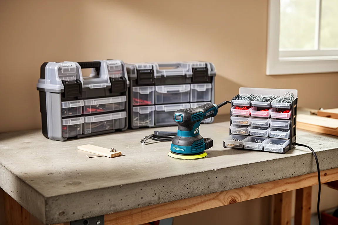 Banco da lavoro in garage ben organizzato con utensili elettrici e cassette di stoccaggio