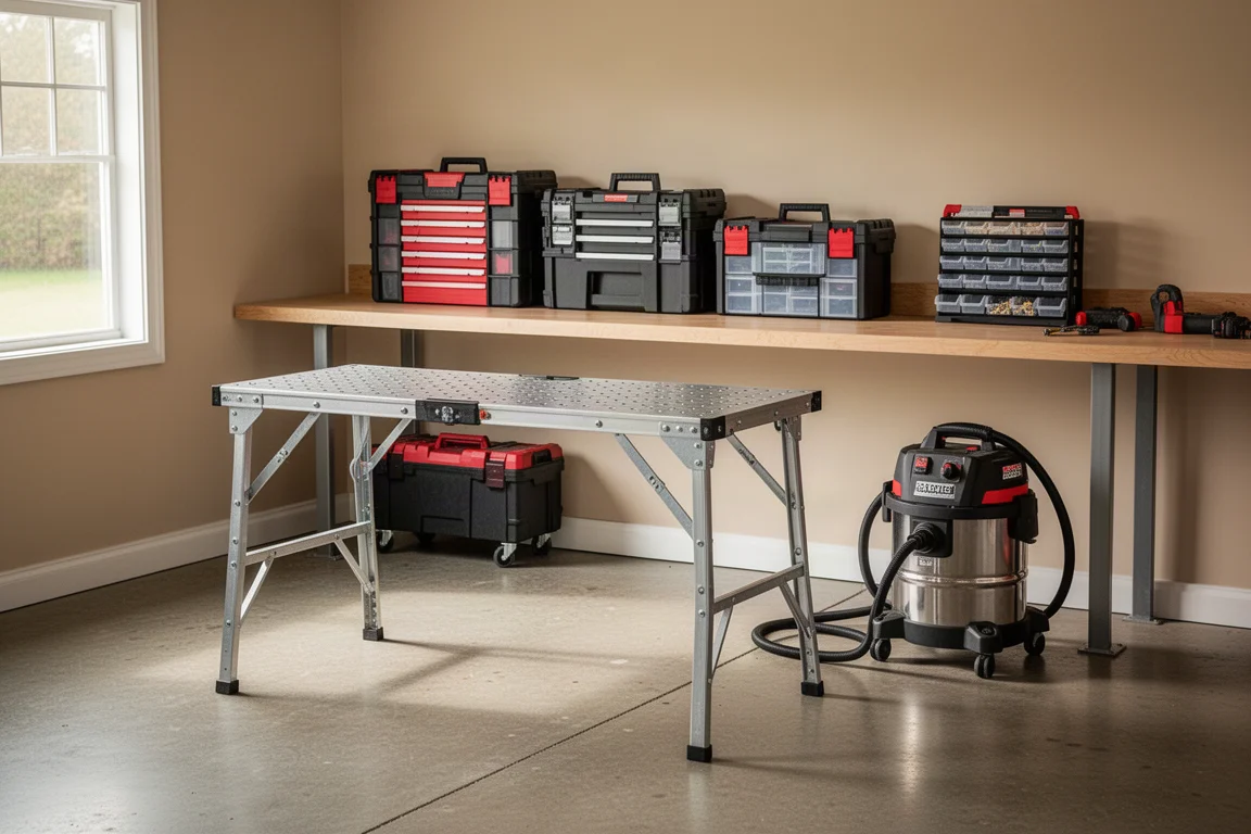 Garagewerkbank met opvouwbare tafel, gereedschapsopberging en werkplaatsstofzuiger