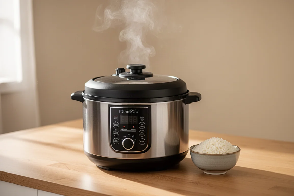 Una multiolla compacta sobre una encimera ordenada con vapor elevándose