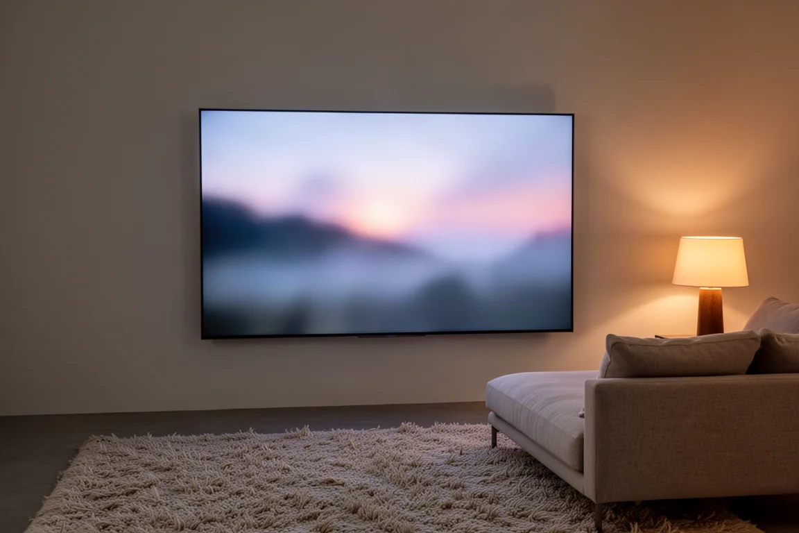 Escena de sala de estar con un televisor de pantalla plana grande mostrando un paisaje colorido