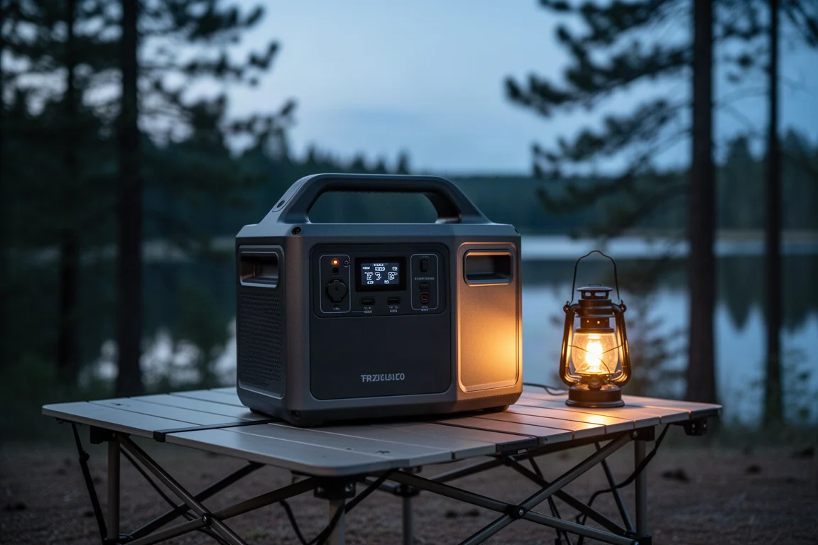 Central de energía portátil sobre una mesa de campamento al atardecer con la cálida luz de un farolillo cerca