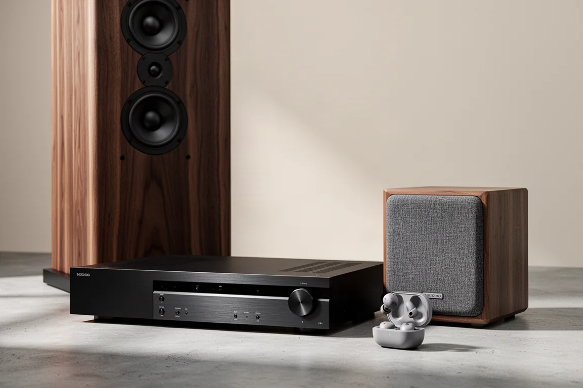 Home audio components including a floorstanding speaker, AV receiver, subwoofer, and wireless earbuds on concrete