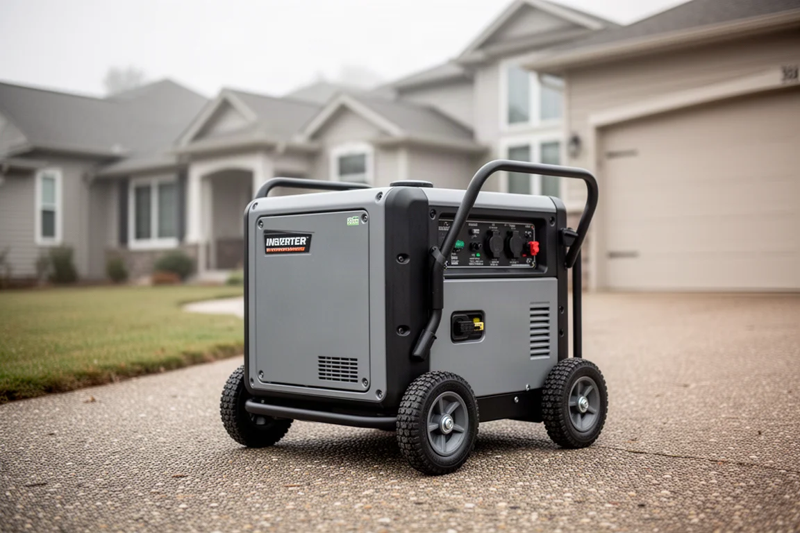 Large enclosed inverter generator on a gravel driveway outside a suburban home