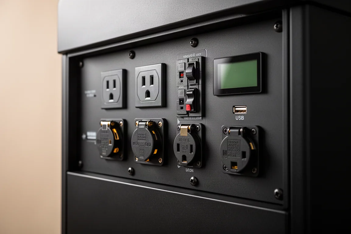 Generator control panel close-up showing outlets, breakers and USB ports