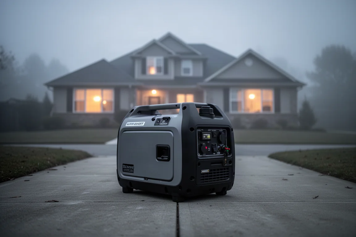 Quiet inverter generator running on a driveway during an evening storm