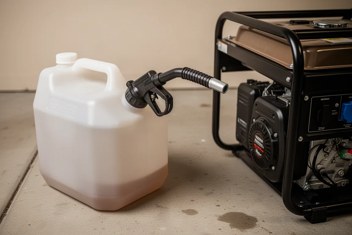 Five-gallon gas can with fold-down nozzle pouring fuel into a generator tank