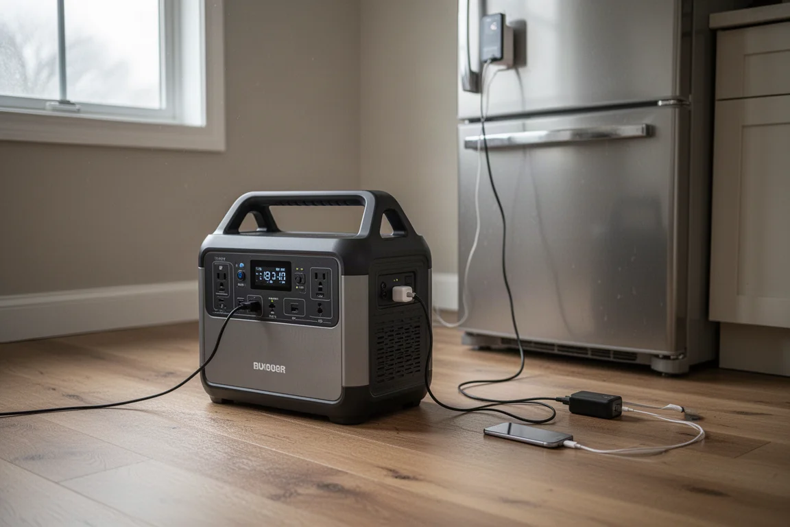 Tragbare Battery-Powerstation auf einer Küchenarbeitsplatte mit angeschlossenem Smartphone und Laptop