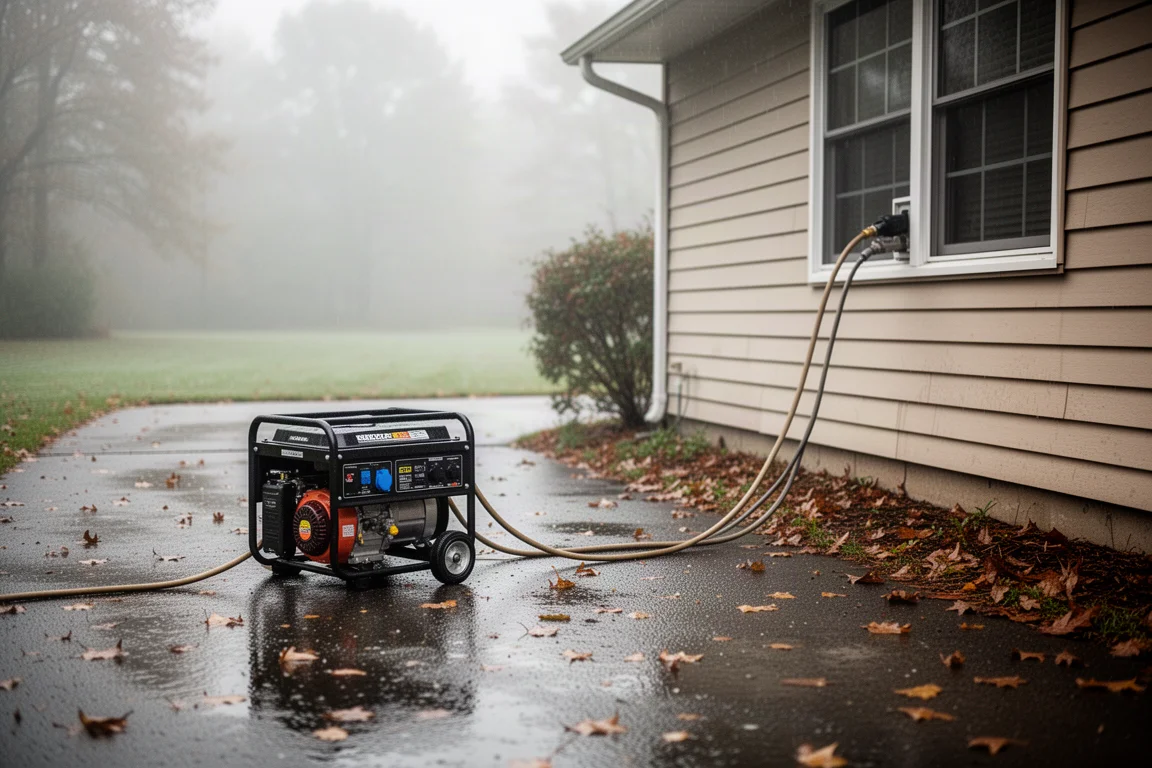 Benzin-Generator läuft draußen weit vom Haus entfernt, ein Verlängerungskabel führt ins Haus