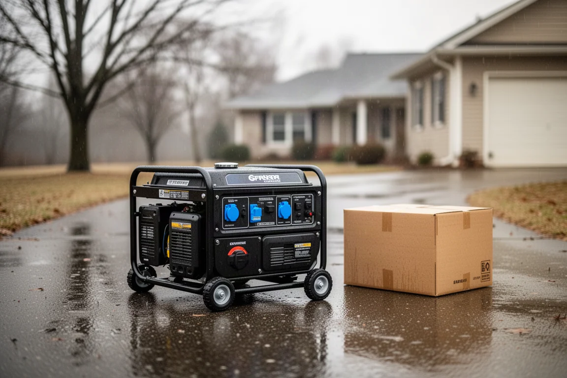 Tragbarer Generator im Ryobi-Stil auf einer Einfahrt mit ausgepacktem Karton daneben nach einem Sturm
