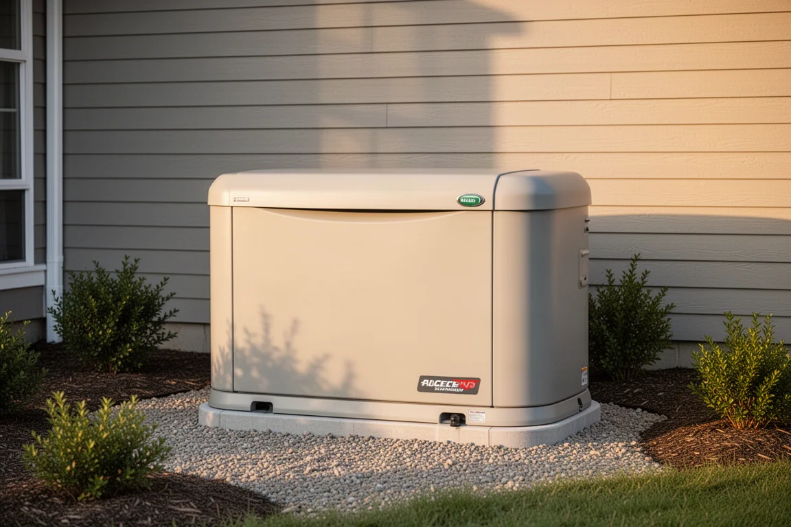 Gehäuse eines Heim-Notstromgenerators auf einem Kiesbett neben einer Hauswand mit Bepflanzung