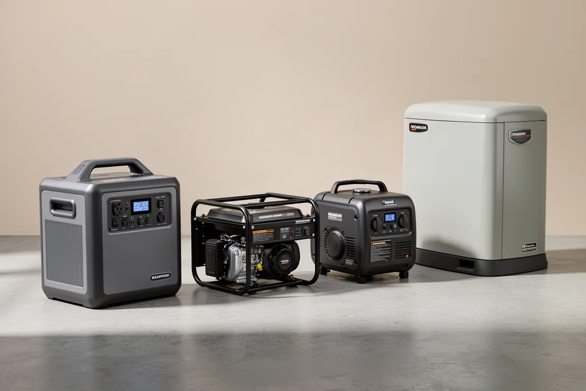 Four backup power products lined up on concrete: battery station, gas generator, inverter generator, standby unit