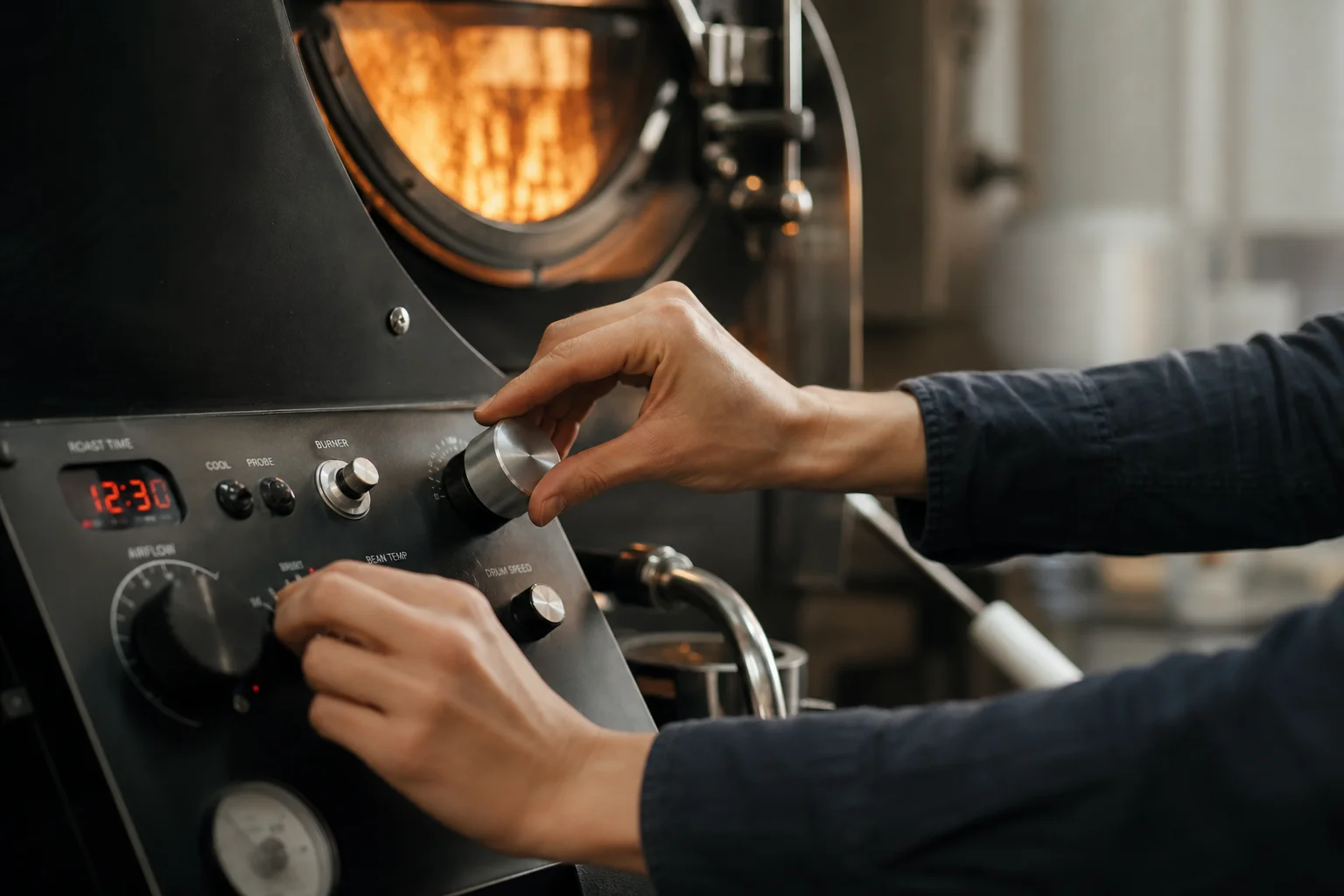 Hands adjusting control knobs on a drum roaster during active roast