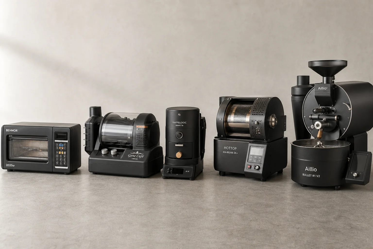 Five home coffee roasters arranged in a line showing size and design progression