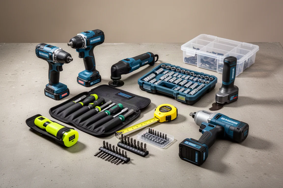Collection of power tools, hand tools, and storage cases arranged on a concrete surface