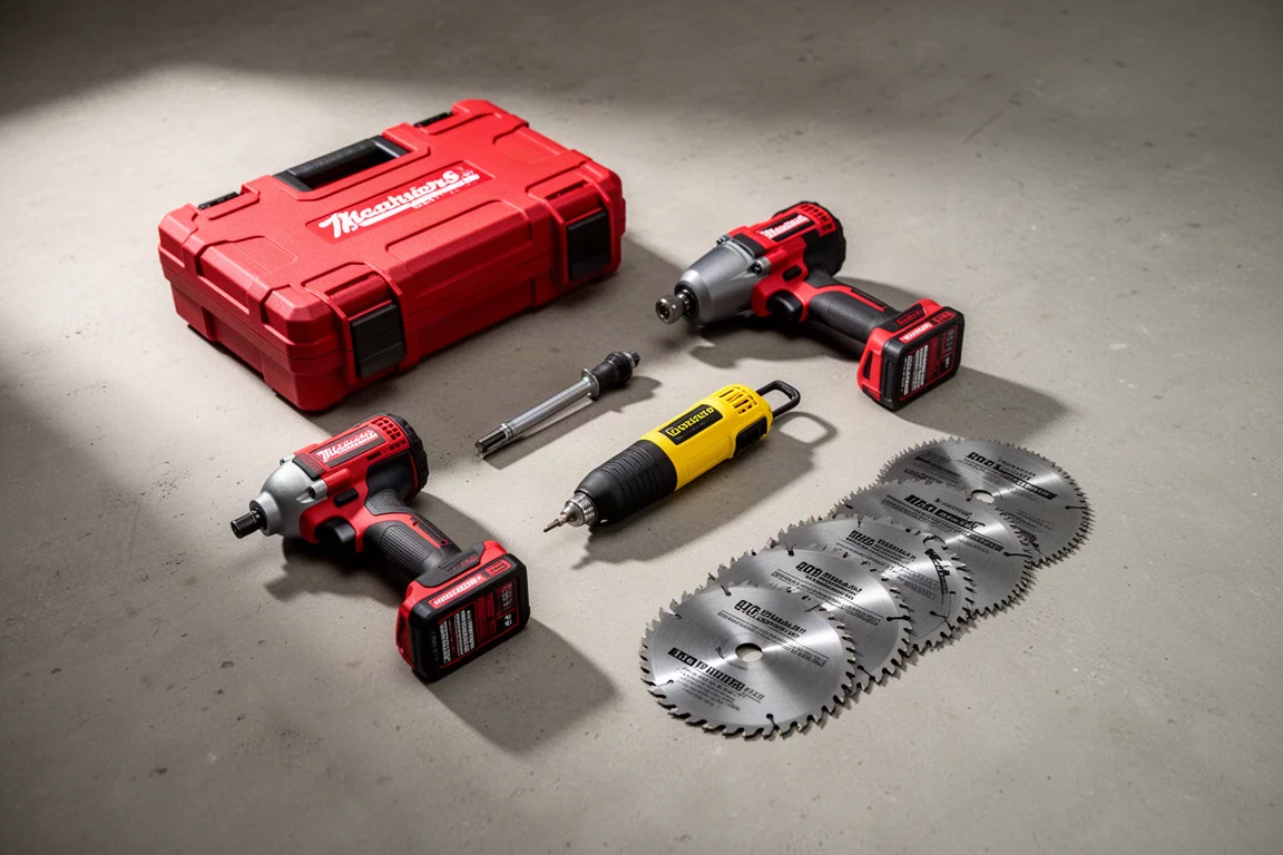 Flat-lay of hand tools, power tools, and saw blades on a concrete workshop floor
