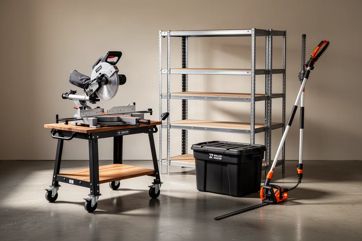 Miter saw on a rolling stand, steel shelving, storage tote, and pole saw on a concrete floor