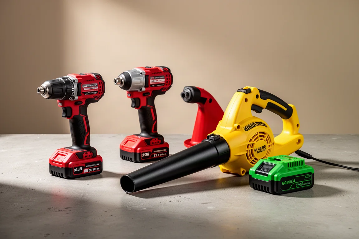 Cordless power tools in red, yellow, and green arranged on a concrete workshop surface