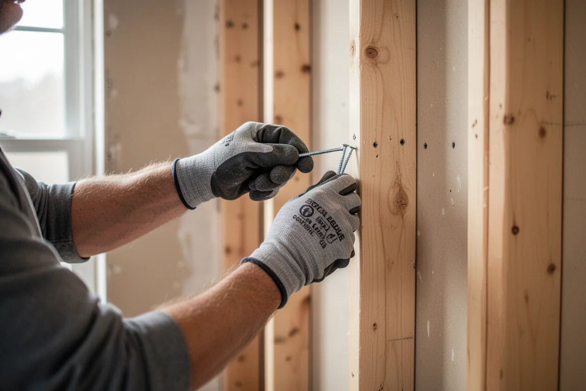 DIYで家のリフォーム中、木製の柱に穴を開ける住宅オーナー