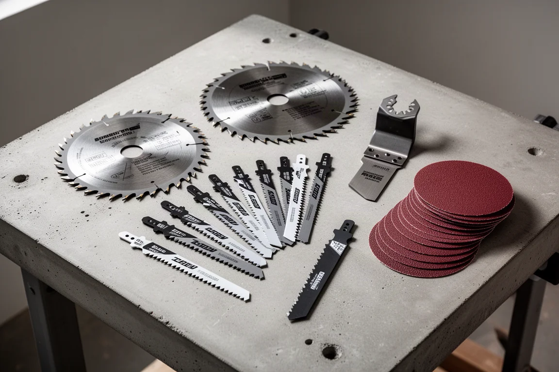 Framing blades, jigsaw blades, an oscillating blade, and sanding discs arranged on a workbench
