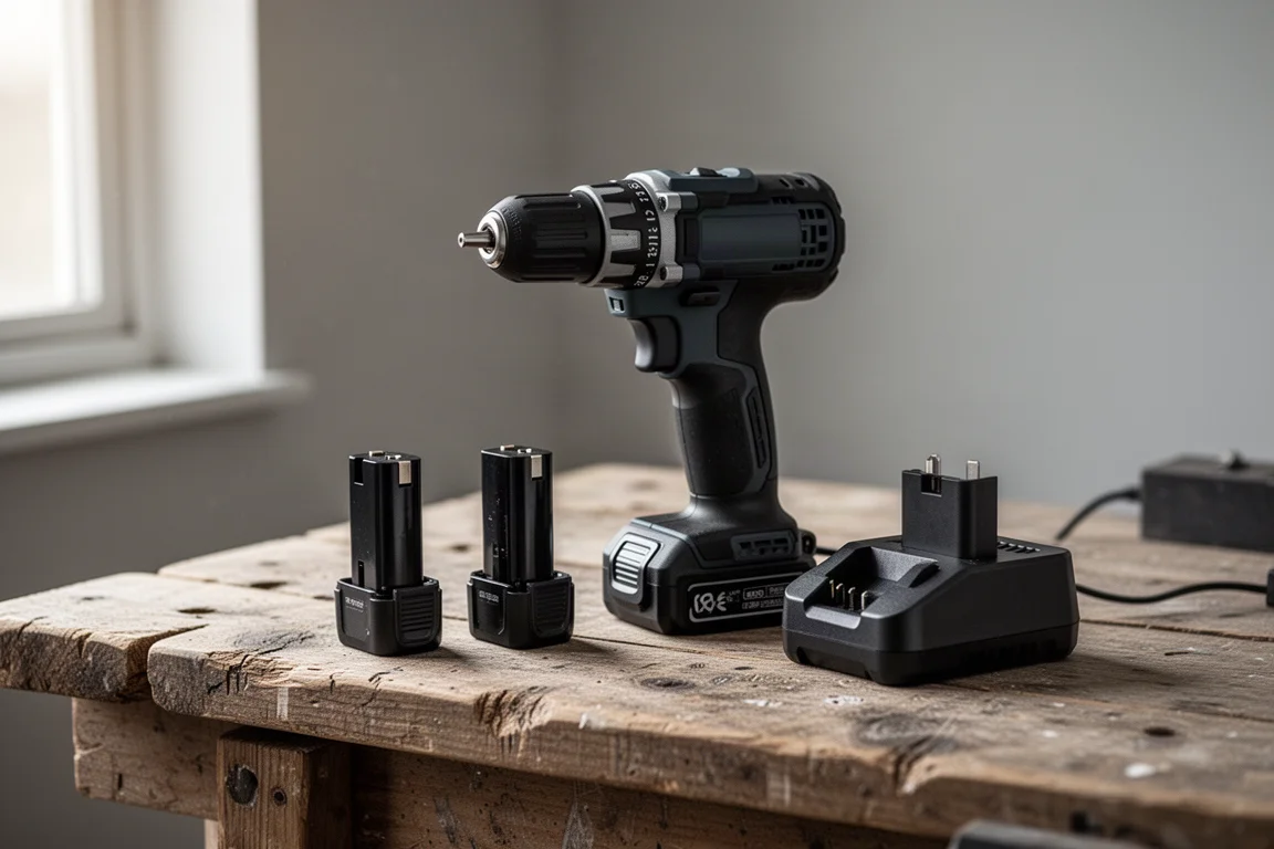Kit trapano-avvitatore a batteria disposto su un banco da lavoro con batterie e caricabatterie