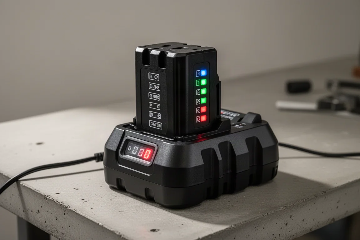 Batteria nera ad alta capacità per utensili e caricabatteria doppio su un banco da lavoro