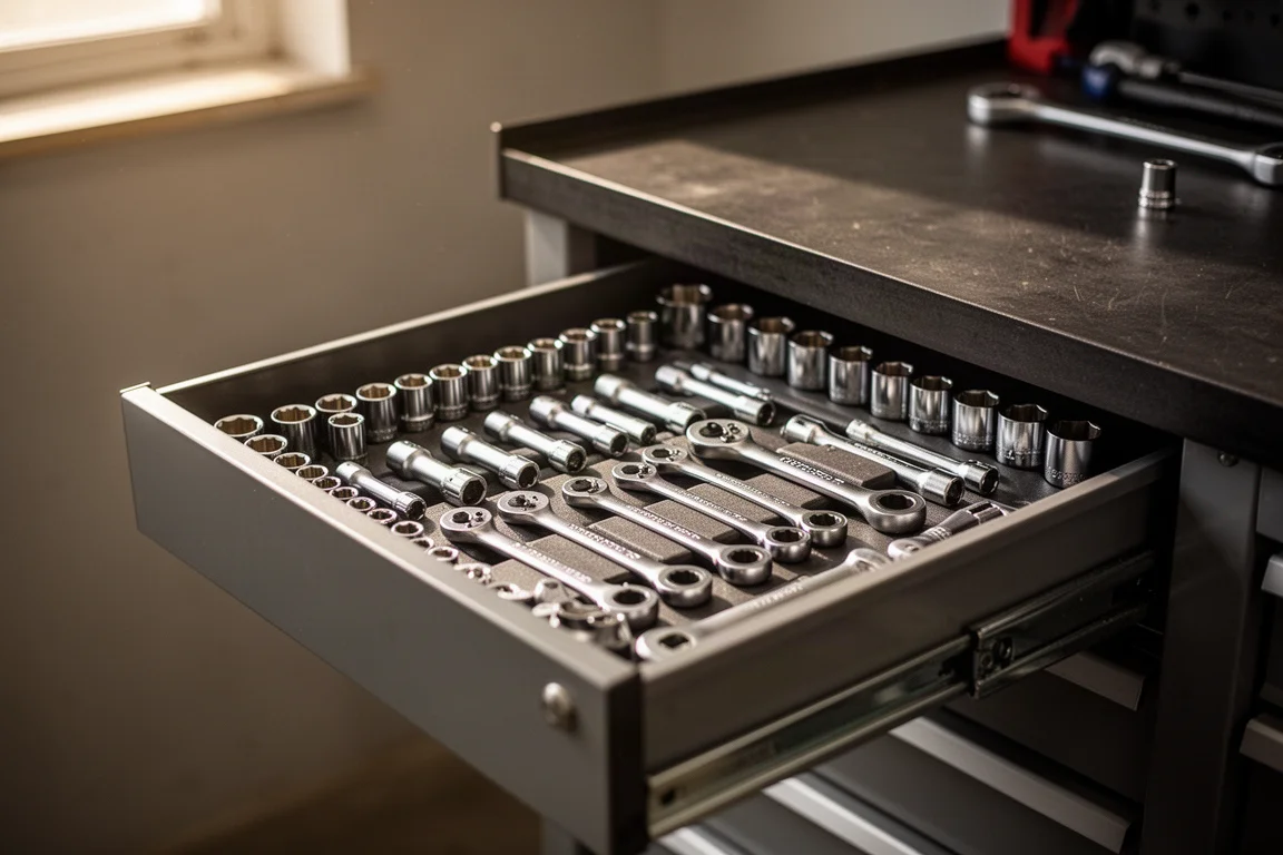 Tiroir de coffret mécanique ouvert avec des douilles et cliquets soigneusement rangés sur un établi