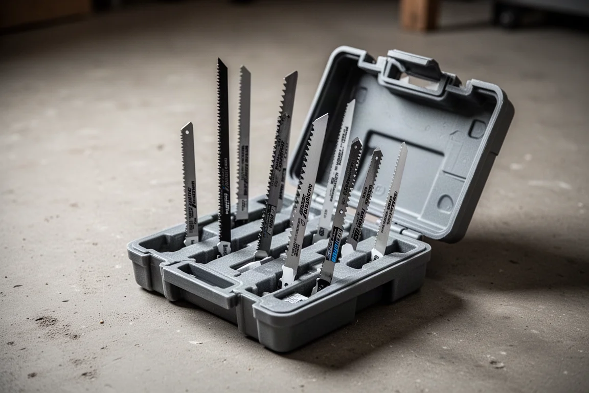 Lames de scie sabre dressées dans un coffret de rangement ouvert
