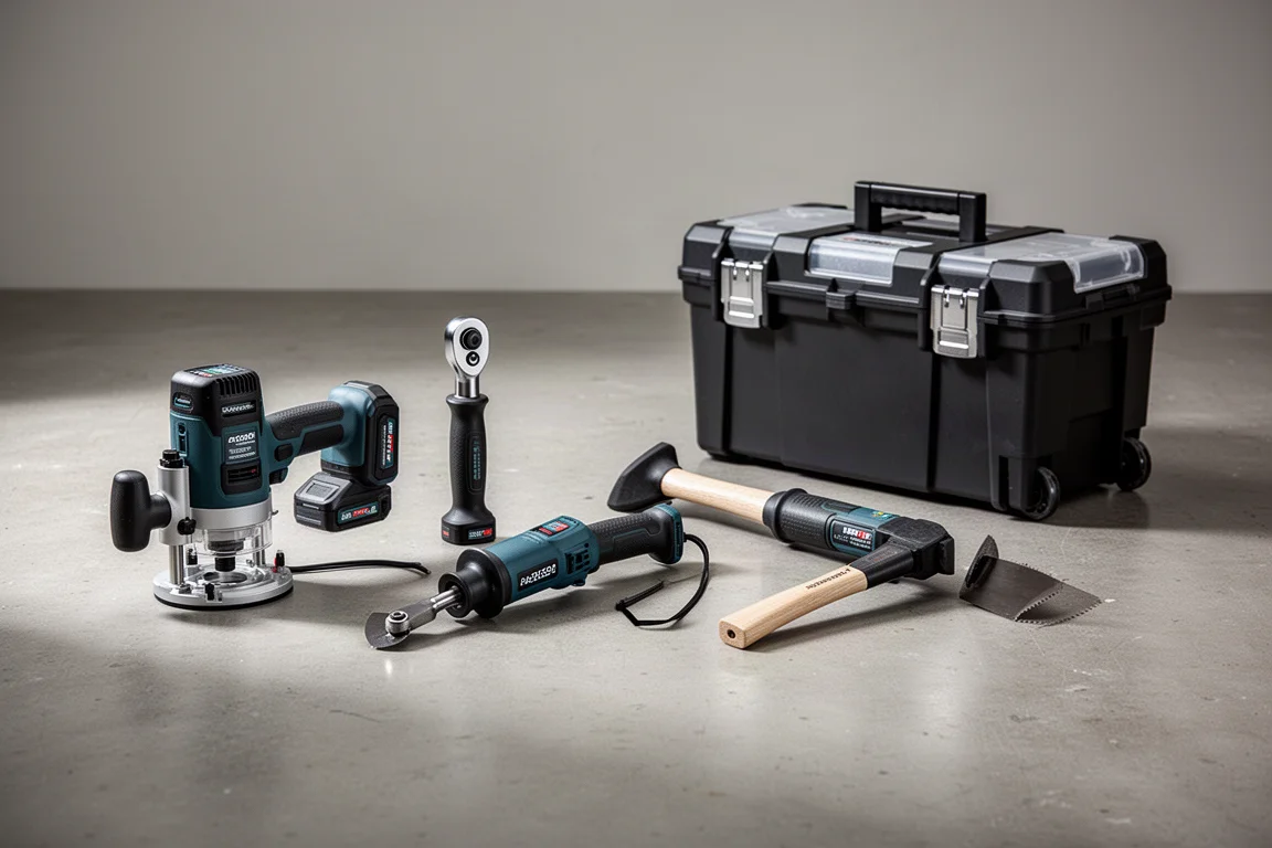 Collection of cordless power tools and a rolling toolbox on a concrete floor