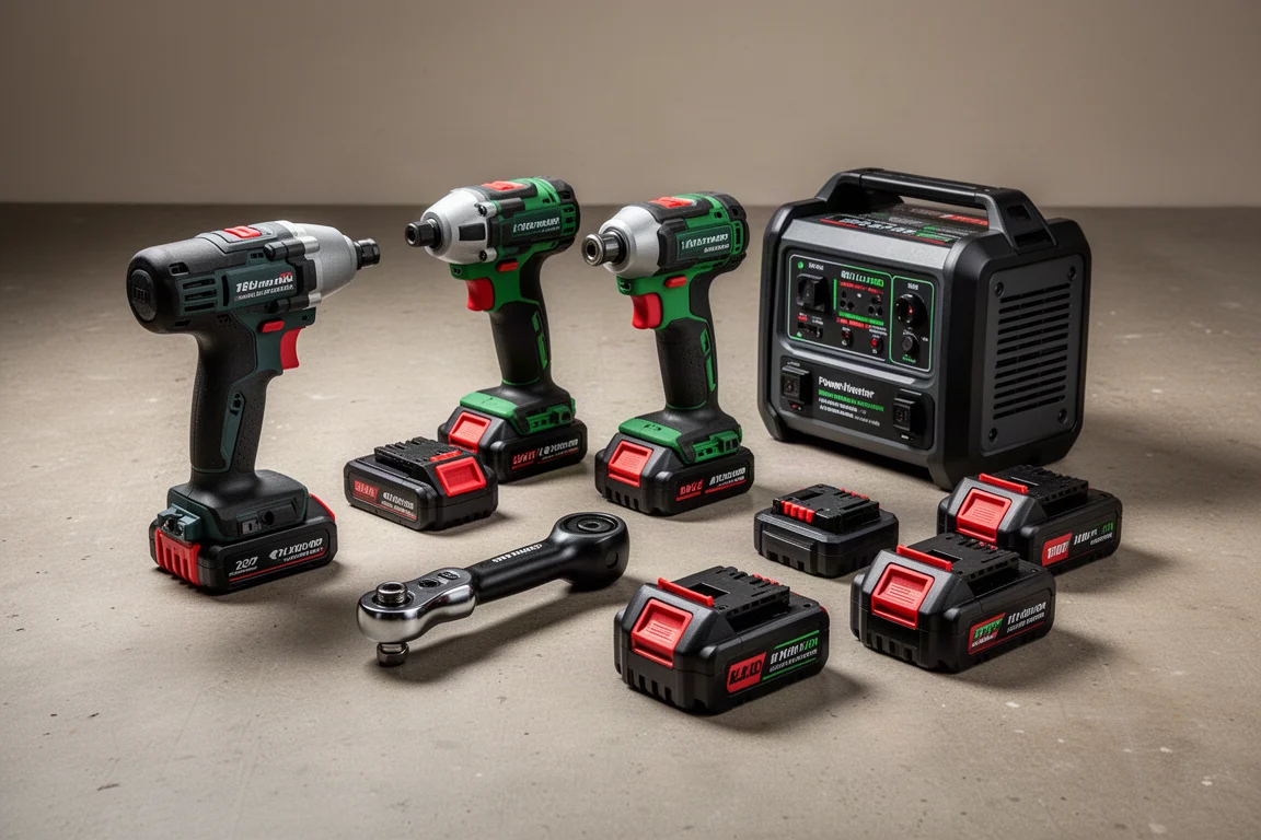 Cordless drill, reciprocating saw and other power tools on a concrete workshop floor