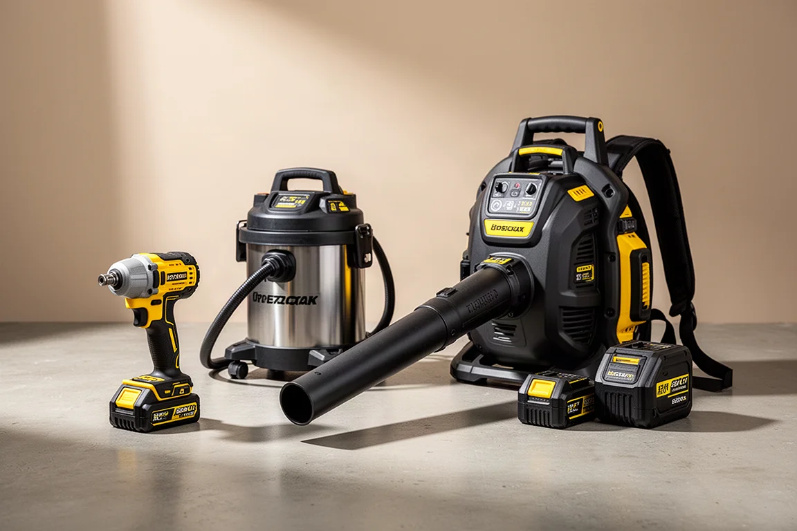 Assortment of cordless power tools including an impact driver, shop vacuum, and backpack blower on concrete