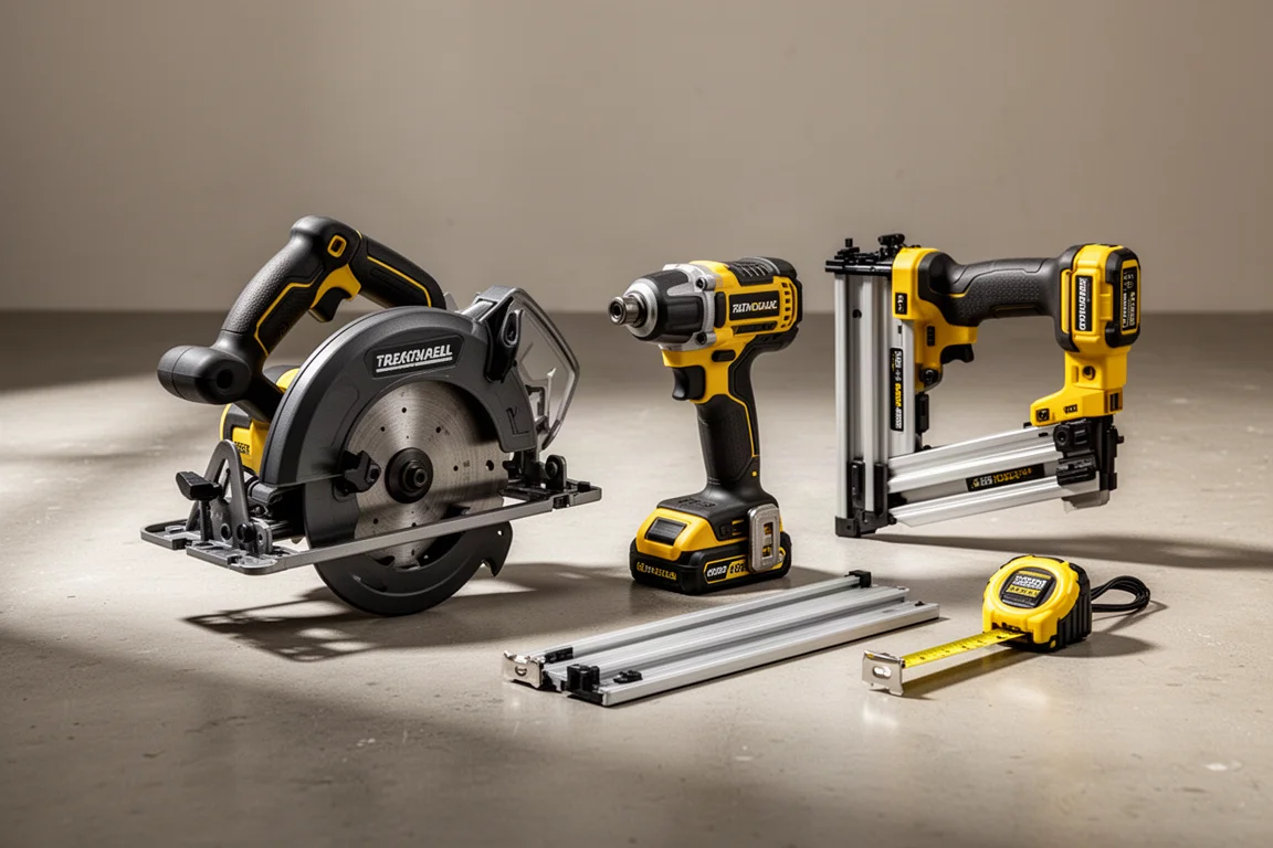 Rear handle circular saw, impact driver, framing nailer and tape measure on a concrete floor