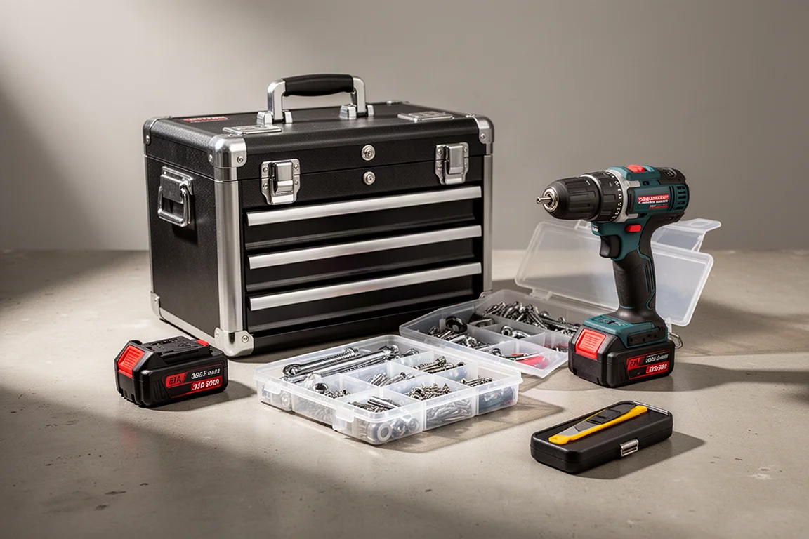 Workshop tools including a tool set case, drill, organizer, and blade case on concrete